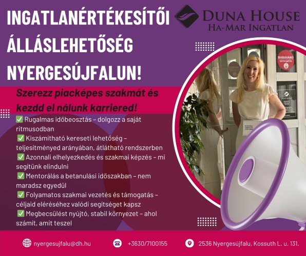 Csatlakozz a Duna House nyergesújfalui csapatához ingatlanértékesítőként!